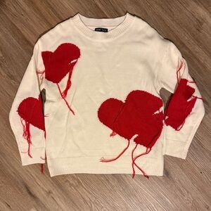 Cream Sweater with Distressed Red Hearts